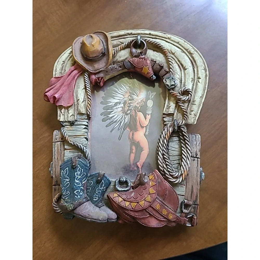 Western Cowboy Saddle Rope 3D Picture Frame Decor Brown 4 x 6 Photo Resin Rustic